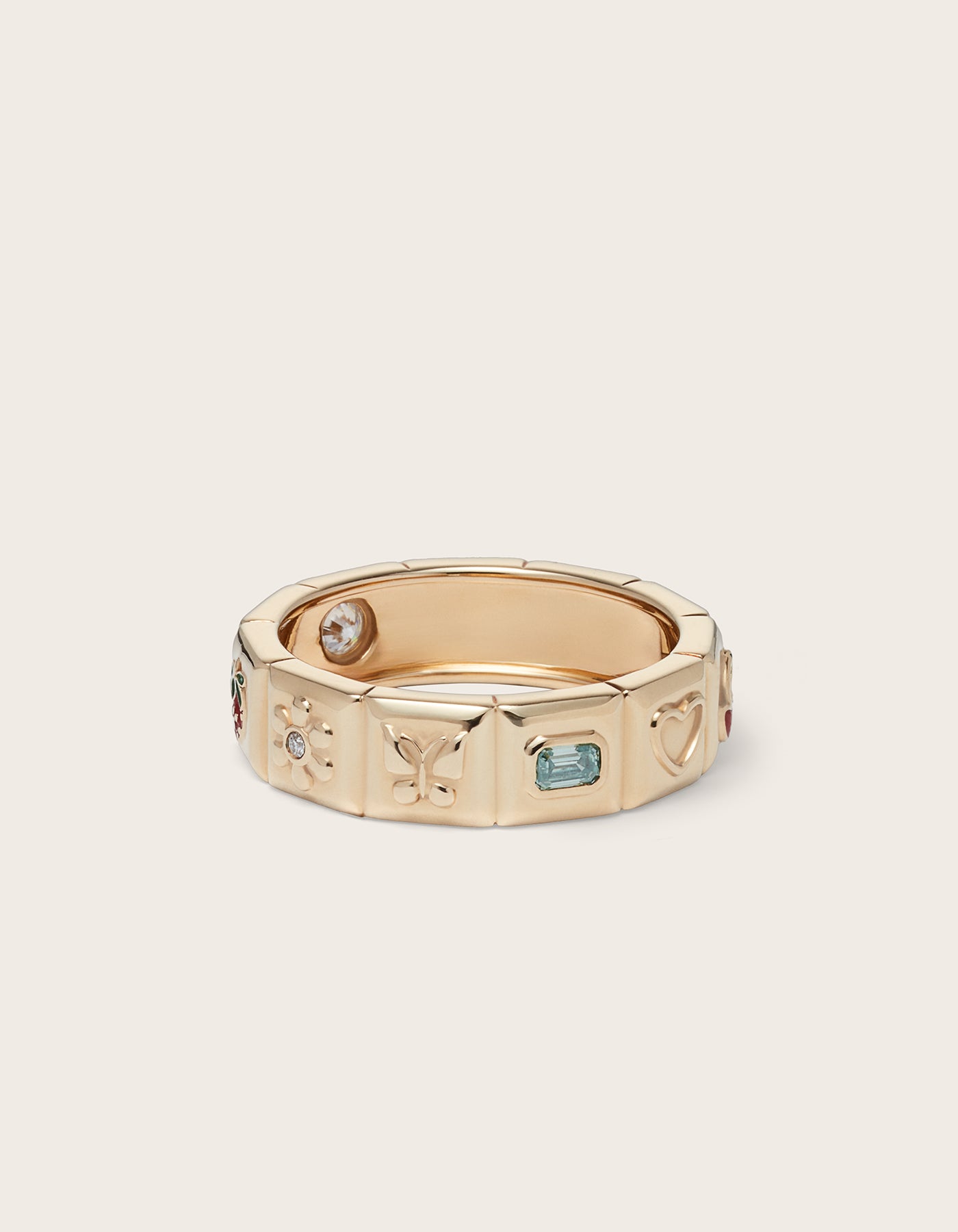 Front view of 14K yellow gold Chiara Charm Ring with lab-grown diamonds, with a focus on the butterfly charm