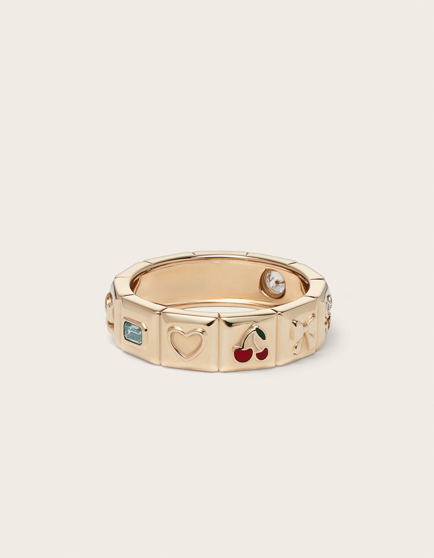 Front view of 14K yellow gold Chiara Charm Ring with lab-grown diamonds, with a focus on the heart and cherry charm