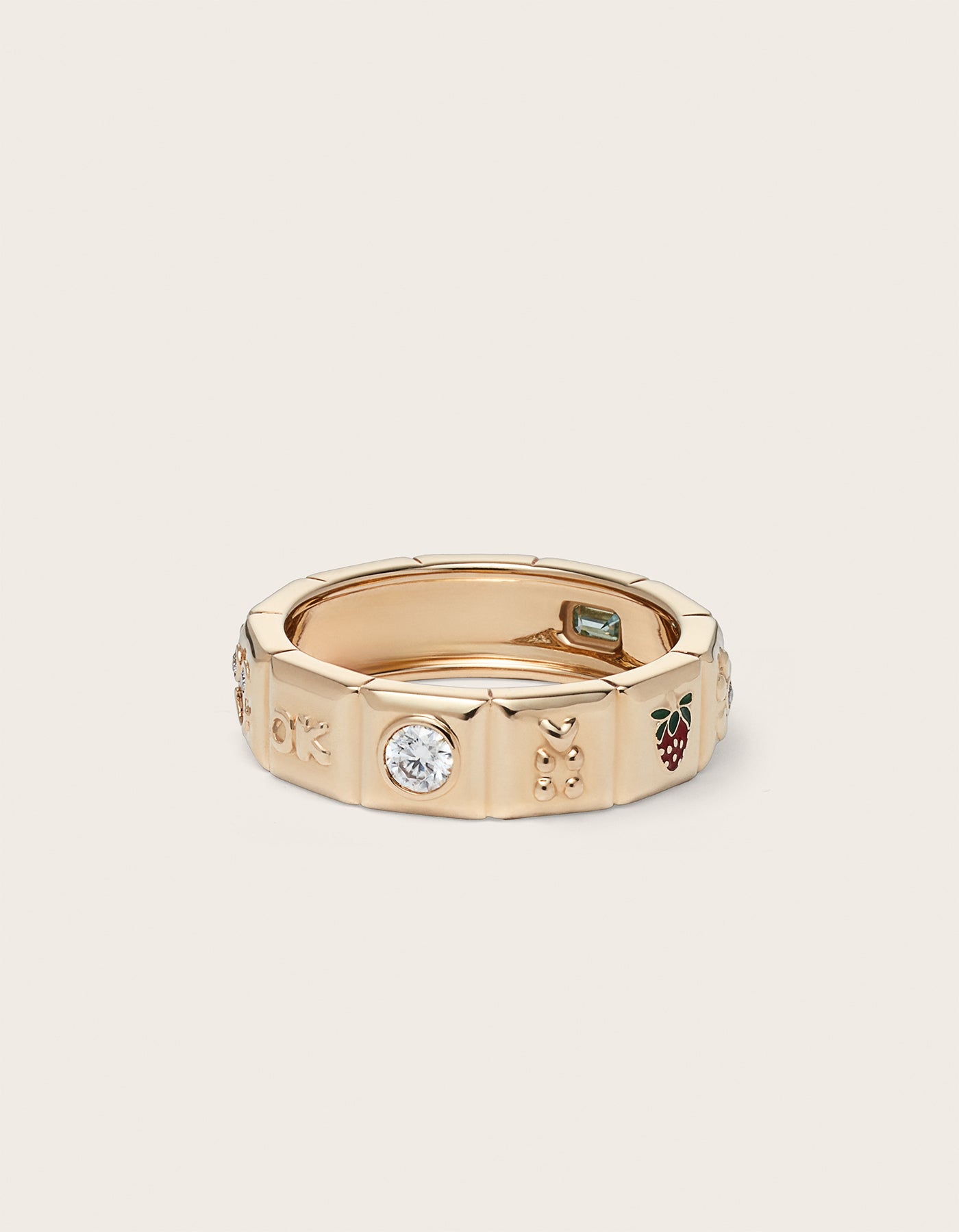 Front view of 14K yellow gold Chiara Charm Ring with lab-grown diamonds, with a focus on the diamond charm