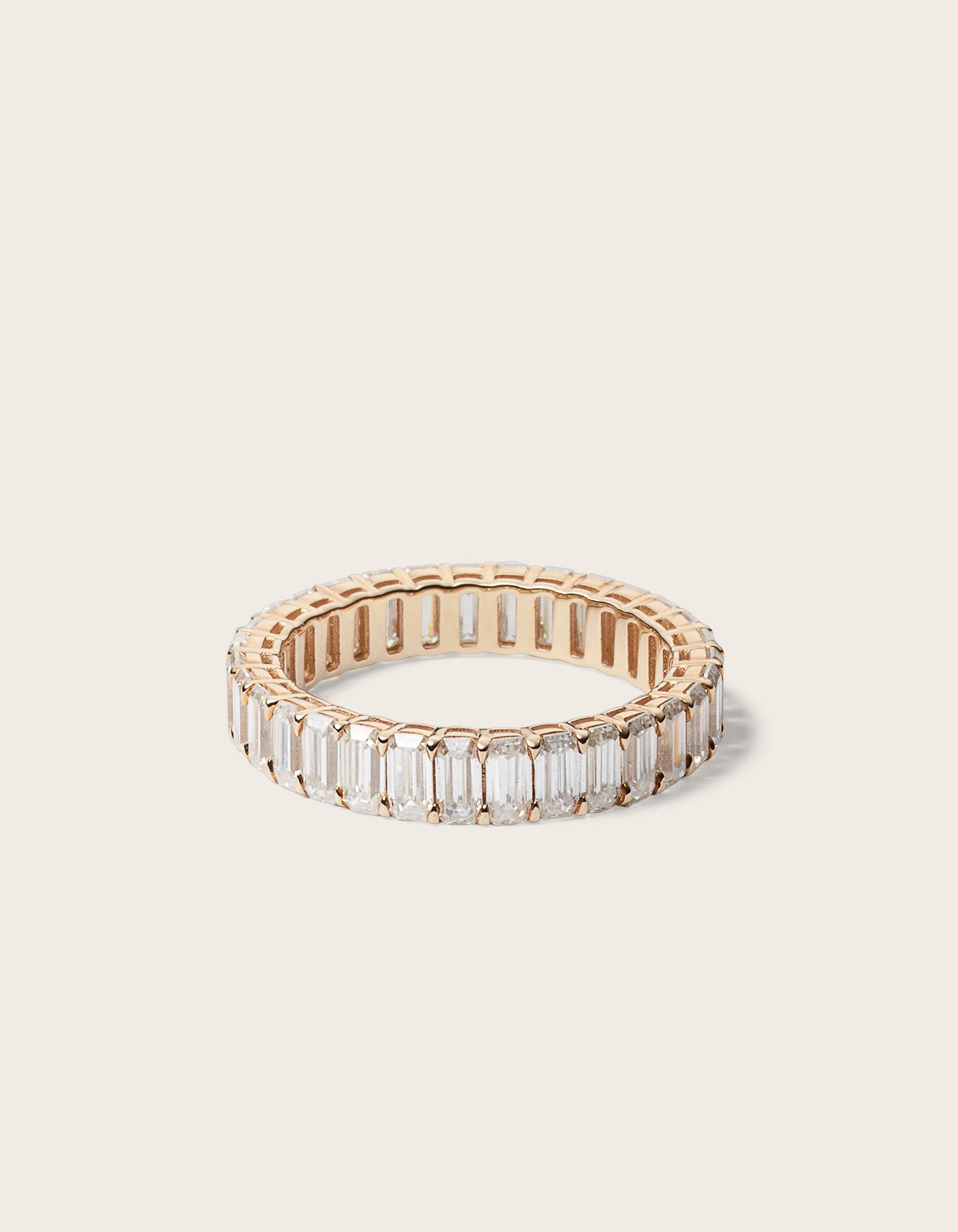 Front view of 14K yellow gold Elena Eternity Ring with lab-grown emerald cut diamonds