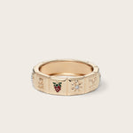 Front view of 14K yellow gold Chiara Charm Ring with lab-grown diamonds, with a focus on the strawberry charm