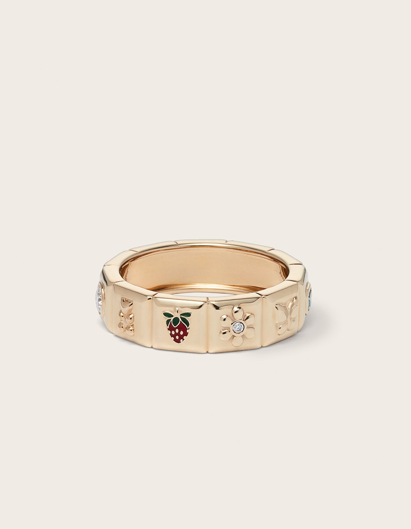 Front view of 14K yellow gold Chiara Charm Ring with lab-grown diamonds, with a focus on the strawberry charm