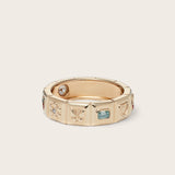 Front view of 14K yellow gold Chiara Charm Ring with lab-grown diamonds, with a focus on the butterfly charm