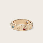 Front view of 14K yellow gold Chiara Charm Ring with lab-grown diamonds, with a focus on the heart and cherry charm