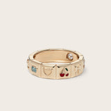 Front view of 14K yellow gold Chiara Charm Ring with lab-grown diamonds, with a focus on the heart and cherry charm