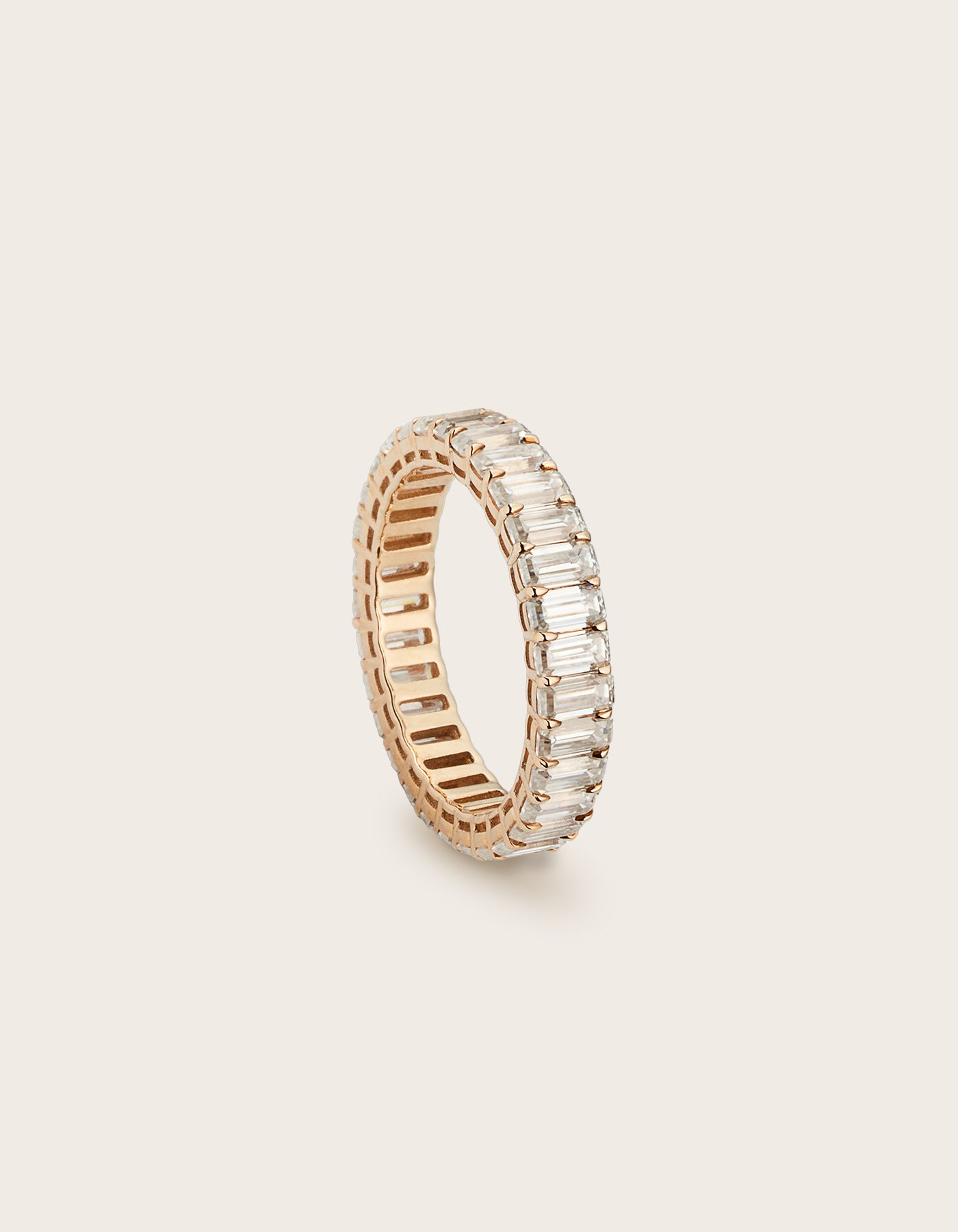 Side view of 14K yellow gold Elena Eternity Ring with lab-grown emerald cut diamonds