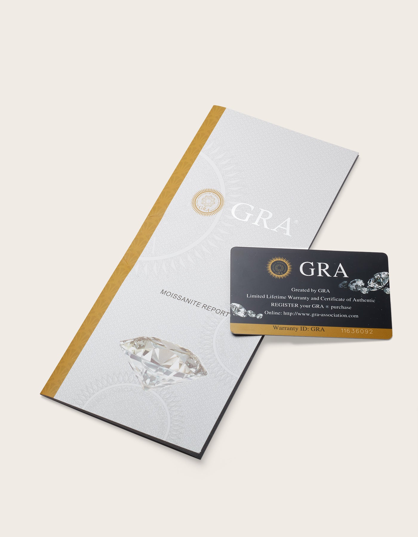 Moissanite GRA certificate with the moissanite report and the card on a white background.
