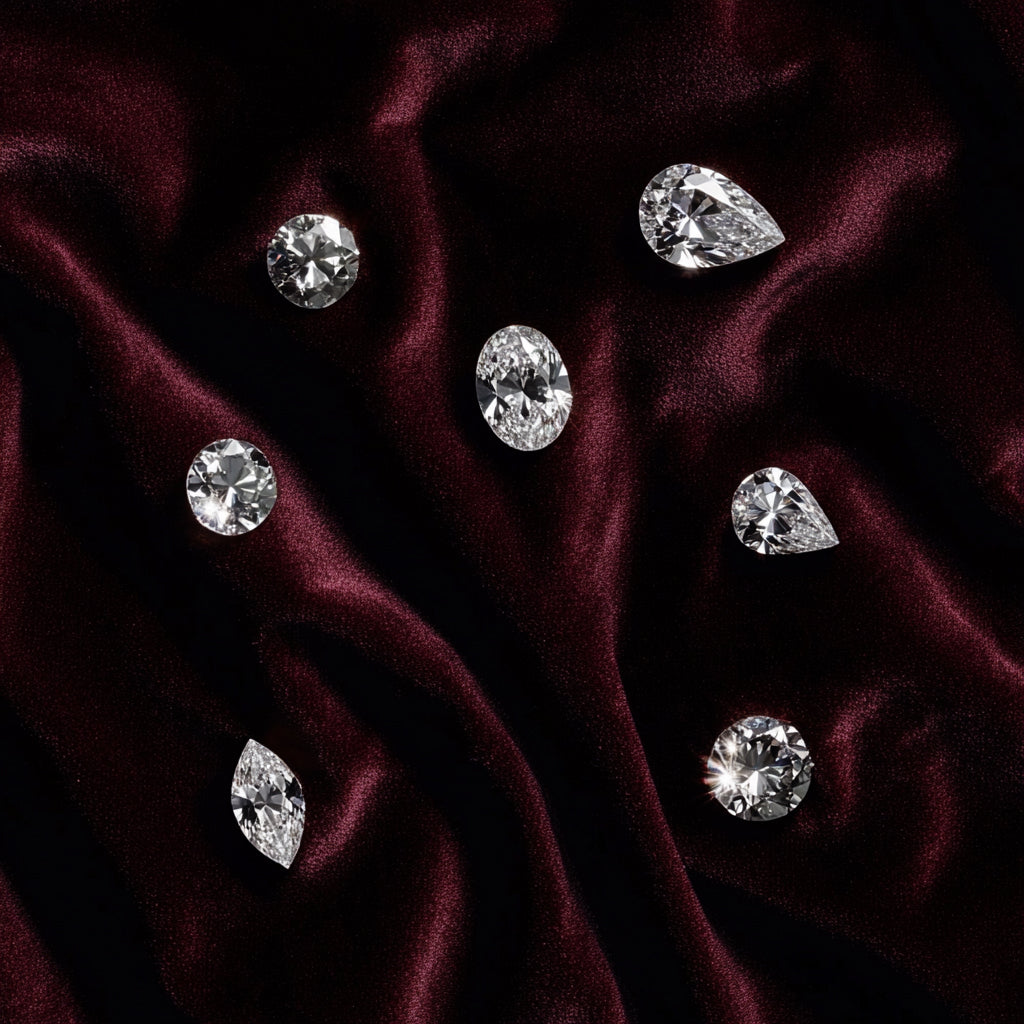 Loose moissanite stones in round, oval, pear, and marquise shapes scattered across a red burgundy velvet background. Created using AI.
